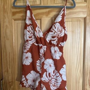 Roxy Burnt Orange and Cream One Piece Romper shorts with Tropical Print